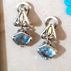 John Hardy Jaisalmer 925 18K Blue Topaz Earrings 18k Gold Post 11mm x 9mm